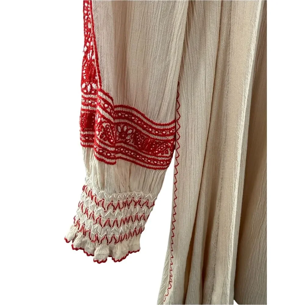 Free People Wind Willow Embroidered Boho Mini Peasant Tassel Indie Dress Size S